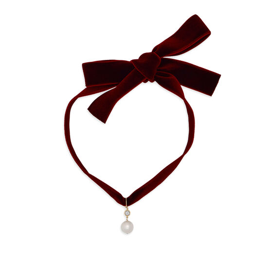 Pearl and maroon velvet ribbon necklace by Margaux Studios